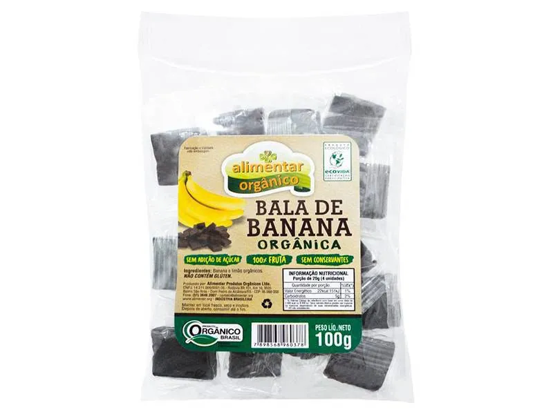 Bala de Banana Orgânica Zero Açúcar 100g Alimentar Orgânico