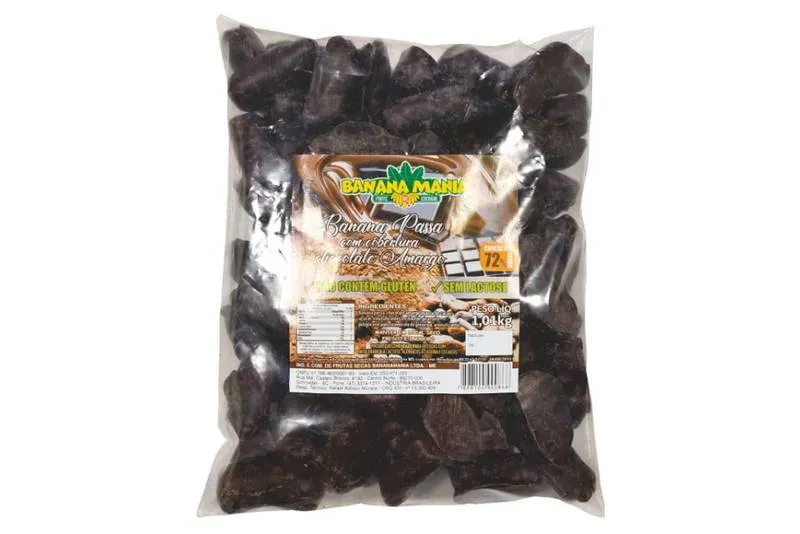 Banana Passa Com Cobertura de Chocolate Amargo 72% Cacau Sem Glúten Sem Lactose 1,01KG