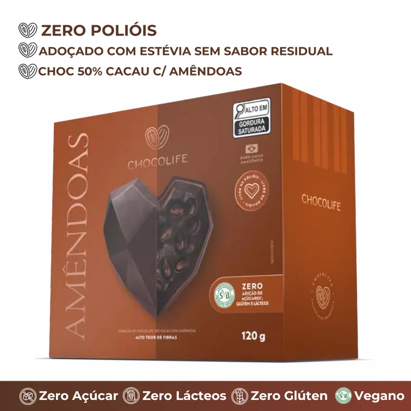 Coração Amêndoas Zero Poliol 120g Sem: Glúten, Leite e Açúcar Chocolife