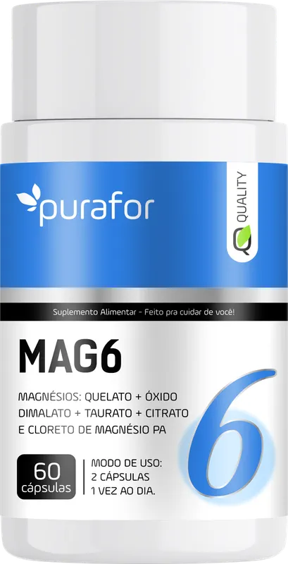 Mag 6 (Quelato, Óxido, Dimalato, Taurato, Citrato e Cloreto) 60caps Purafor
