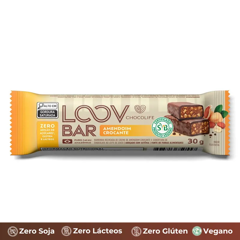 Barrinha LoovBar Amendoim Crocante 30g Zero: Açúcar, Leite e Glúten Chocolife