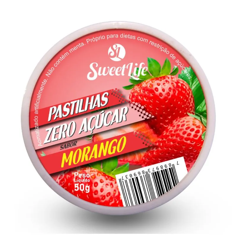 Pastilha Zero Açúcar Vit C + Flocos de Morango Lata 50g Sweet Life