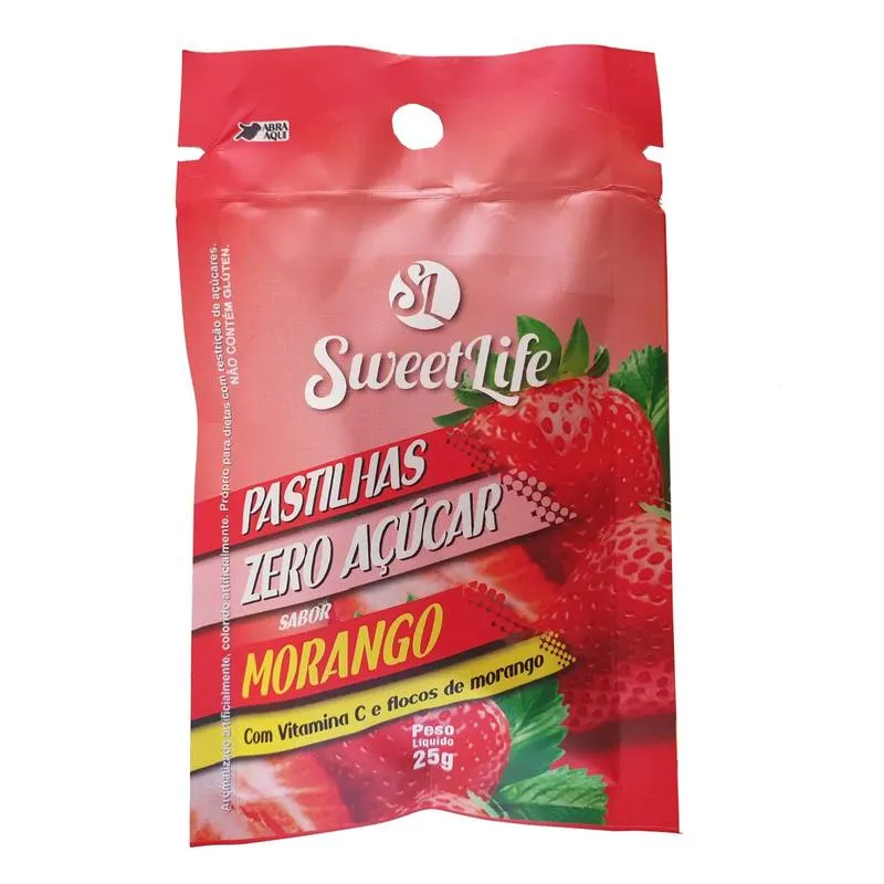 Pastilha Zero Açúcar Vit C e Flocos de Morango Sachê Abre Facil 25g Sweet Life